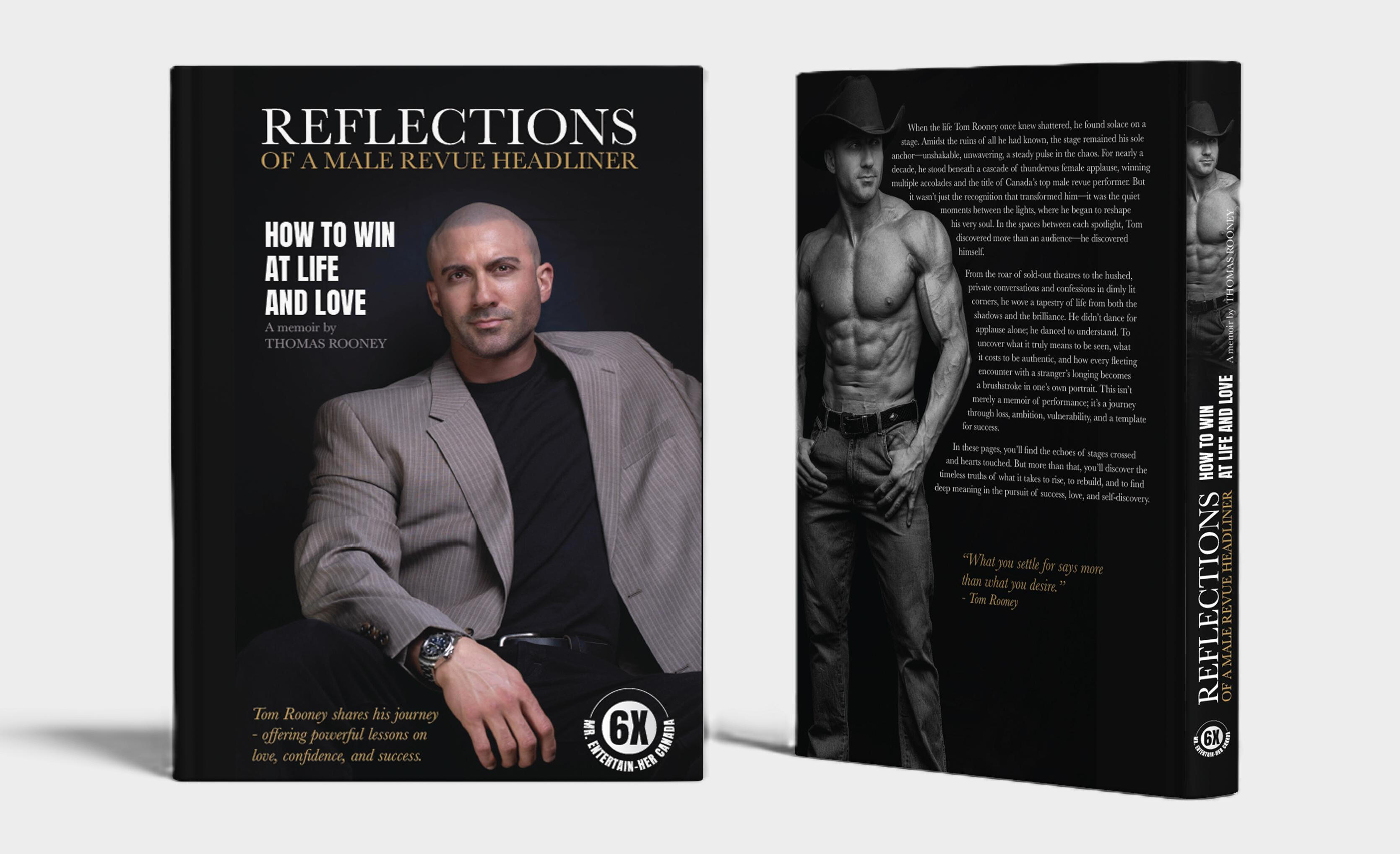 3D image of Reflections of a Male Revue Headliner: How to Win at Life and Love by Thomas Rooney (Tom Rooney), showing front and back cover